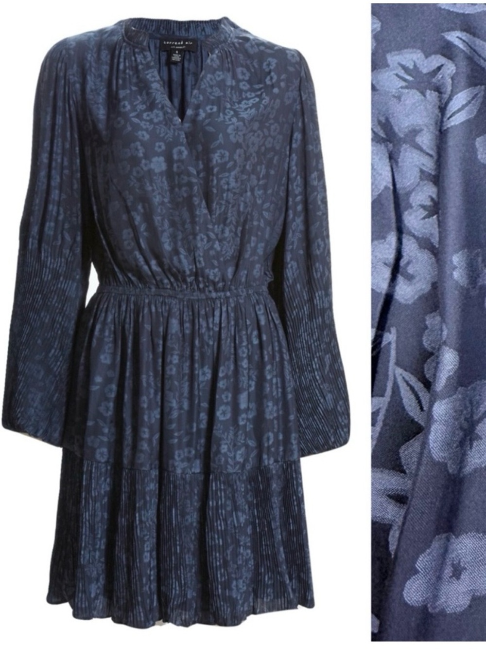 Current Air X Anthropologie Long Sleeve Boho Pleated Floral Mini Dress Navy Blue